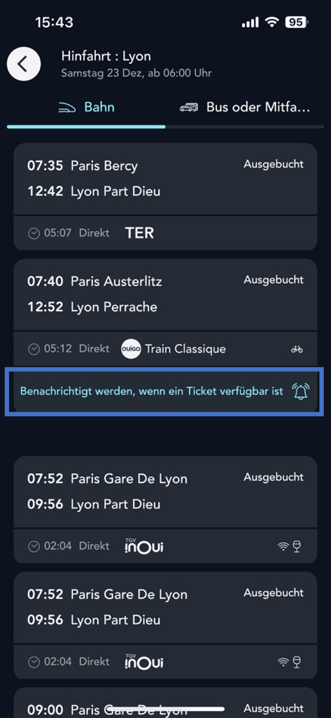 Bildschirm der Seite mit den Suchergebnissen für Fahrkarten in der SNCF Connect-Anwendung, der die Option „Vollständiger Zugalarm“ veranschaulicht